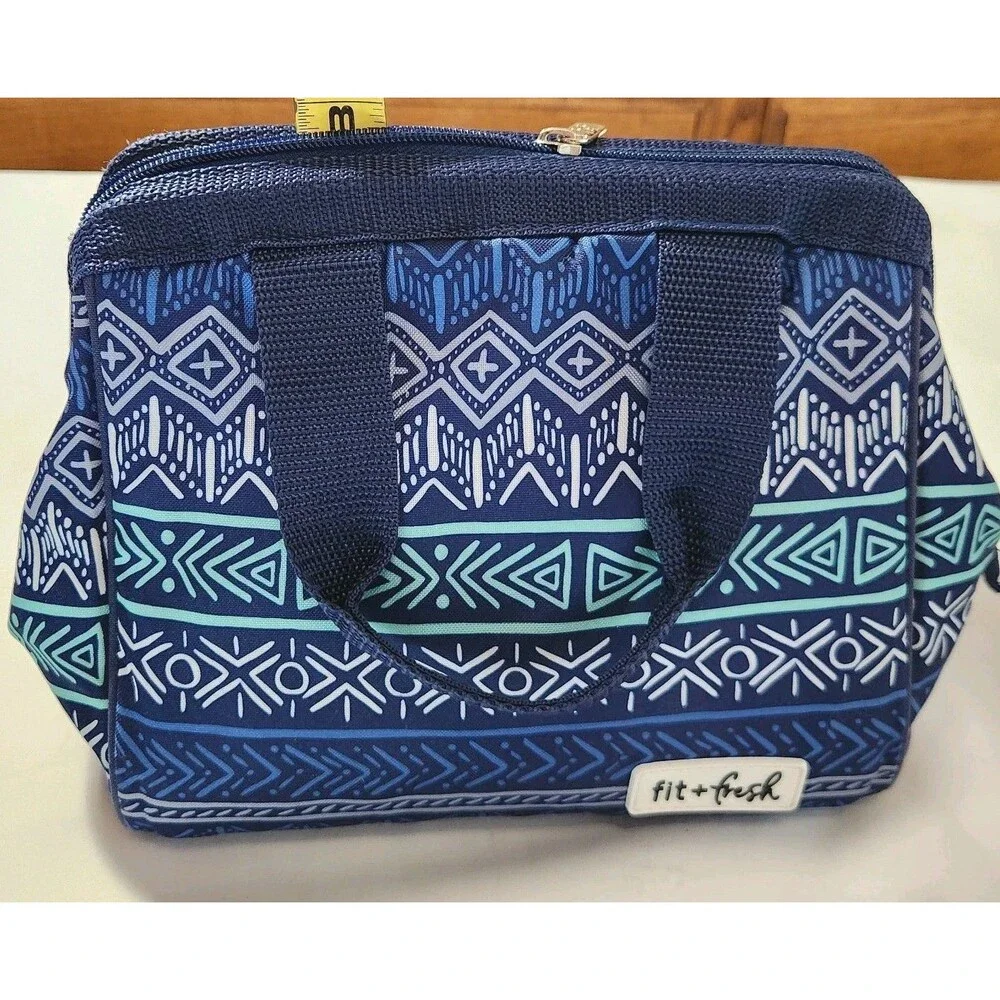 Fit & Fresh Adults Insulated Lunch Bag Work Food Containers Geometric Blue